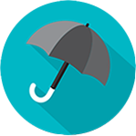 Single black umbrella on a teal circle background