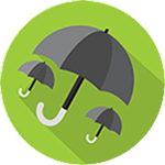 One large umbrella and two small umbrellas on a lime green background circle