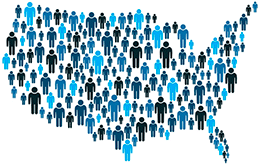 Blue human figures large and small making the outline of the United States.