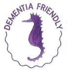 Dementia Friendly logo in puple with a seahorse logo.