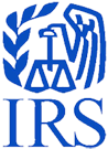 Blue graphics of an eagle, scales of justice and shaft of wheat with the letters IRS underneath.