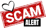 Scam in white on red background with Alert in white on black background.