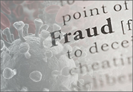 Image of the Coronavirus with the word Fraud superimposed over top