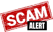 Scam in white letters on red and Alert in white letters on black