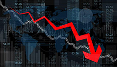 Bank failure illustration with red downward arrow