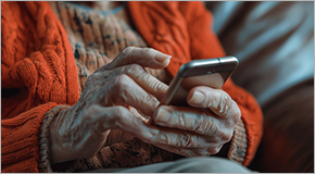 Elderly person using smartphone. Concerned old lady using smartphone