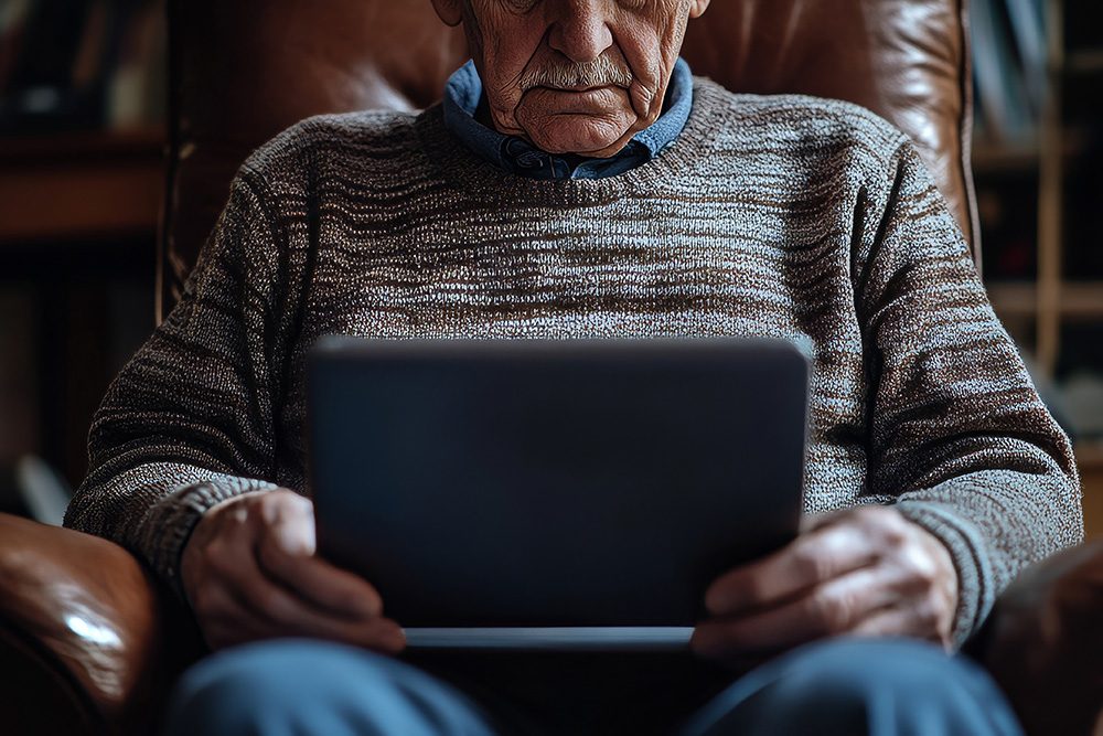 Elderly man sitting and looking at iPad