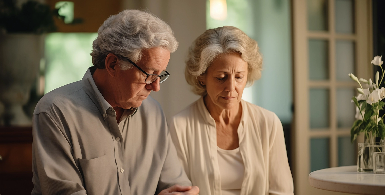 Elderly couple working together at a table