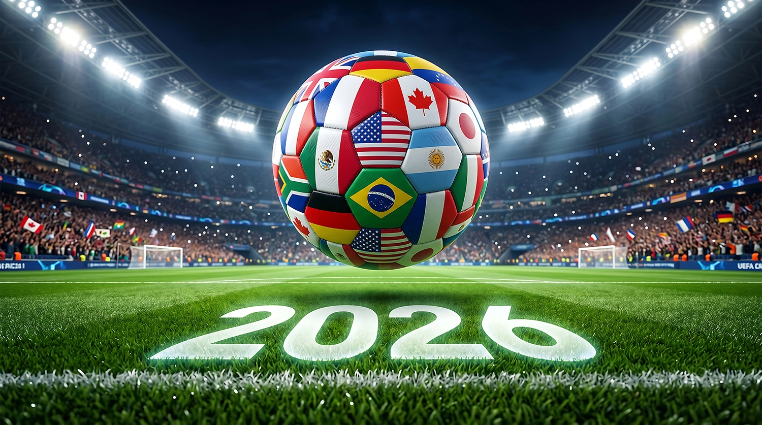 Photo illustration of soccer ball with world flags printed on it depicting the 2026 World Cup