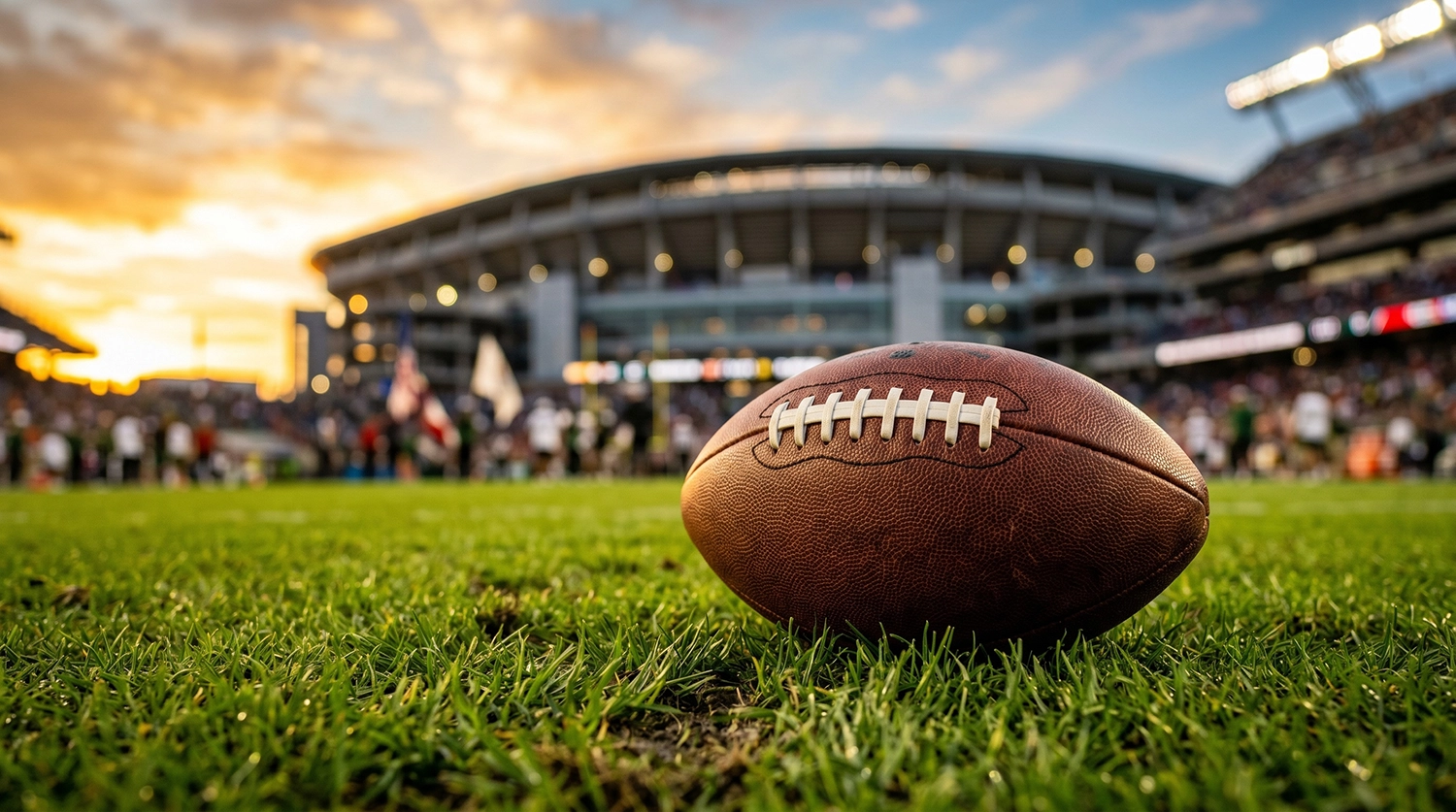 Football in foreground with stadium in the background.